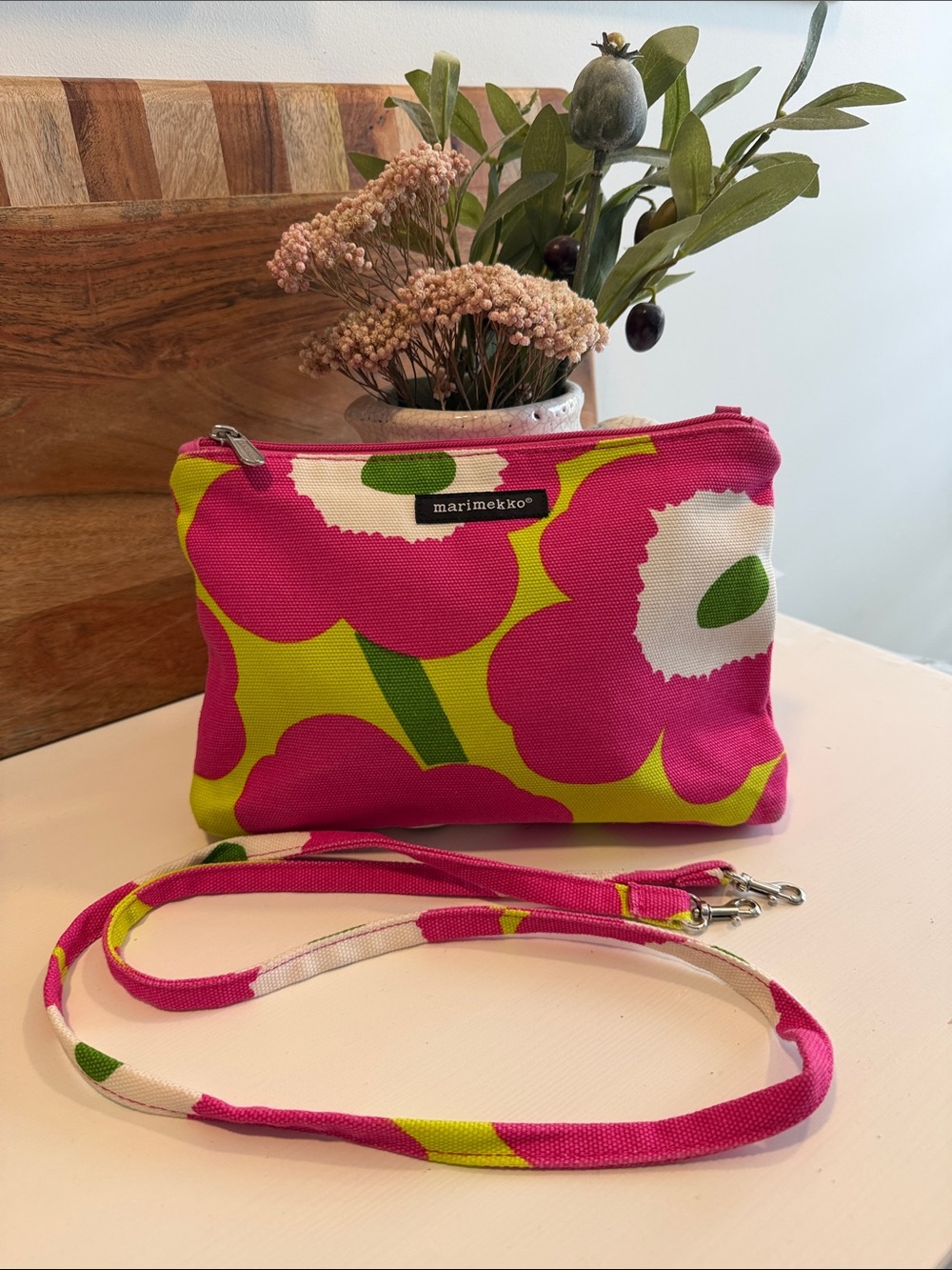 Marimekko Pink Lime Green Yellow Unikko Canvas Crossbody Bag